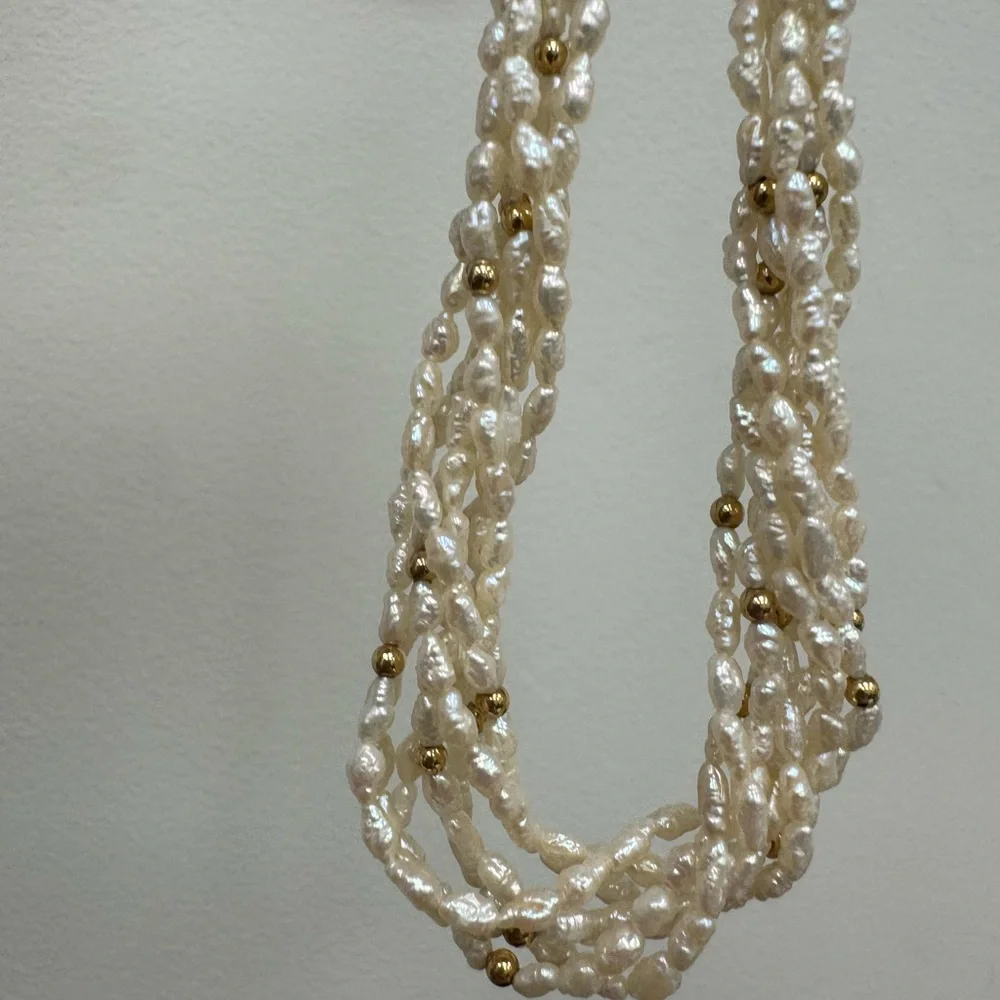 Elegant Freshwater Seed Pearls and 14K Yellow Gold Beaded Necklace